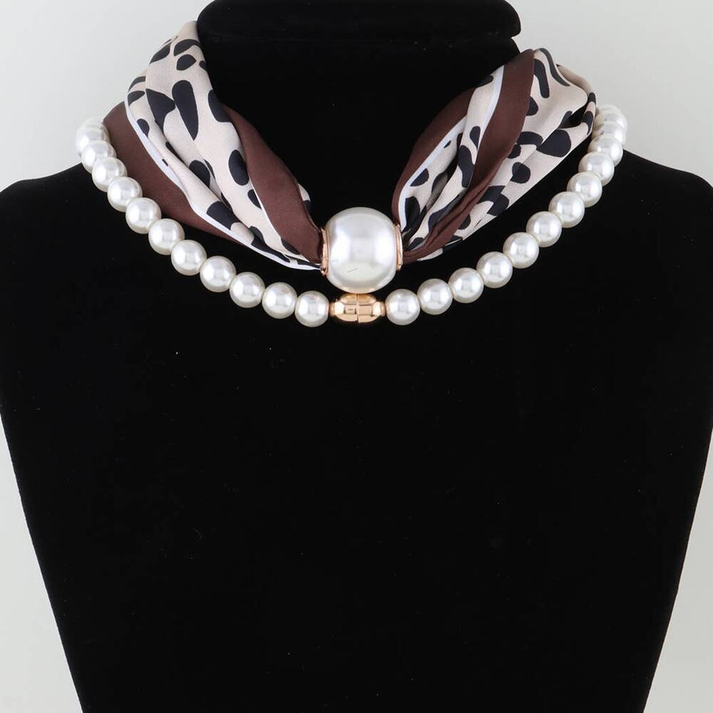 Double Fabric Pearl Beaded Choker Necklace – Leopard